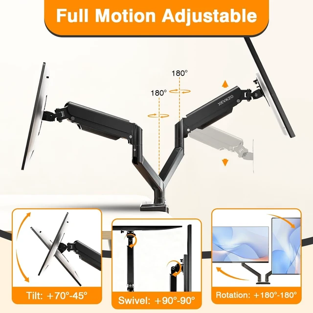 Alt view image 8 of 10 - XEVKZO Dual Monitor Arms, Gas Spring Monitor Arms for 2 Monitors up to 34" Curved/Flat, 22lbs per Arm, VESA Mount 75x75 100x100mm, C-Clamp & Grommet Base, Adjustable Tilt/Swivel/Rotation