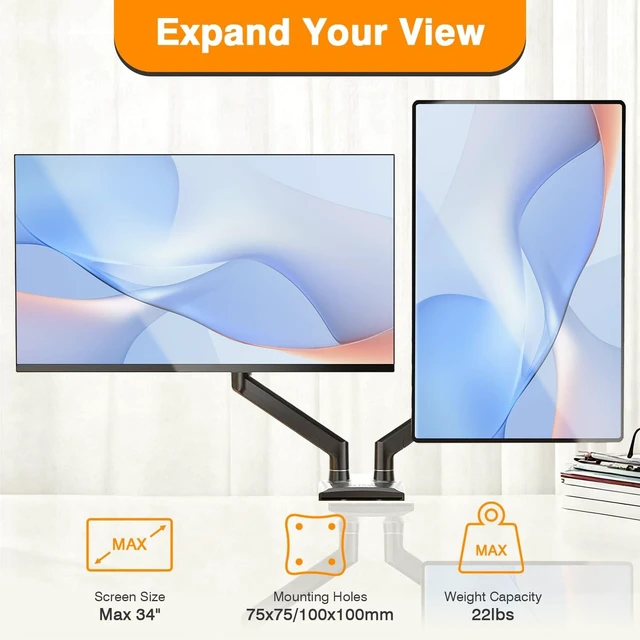 Alt view image 7 of 10 - XEVKZO Dual Monitor Arms, Gas Spring Monitor Arms for 2 Monitors up to 34" Curved/Flat, 22lbs per Arm, VESA Mount 75x75 100x100mm, C-Clamp & Grommet Base, Adjustable Tilt/Swivel/Rotation