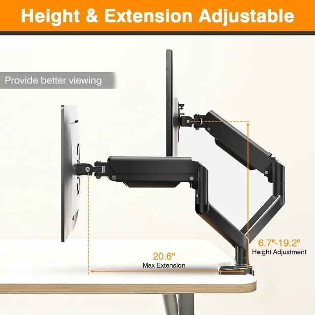 Alt view image 9 of 10 - XEVKZO Dual Monitor Arms, Gas Spring Monitor Arms for 2 Monitors up to 34" Curved/Flat, 22lbs per Arm, VESA Mount 75x75 100x100mm, C-Clamp & Grommet Base, Adjustable Tilt/Swivel/Rotation