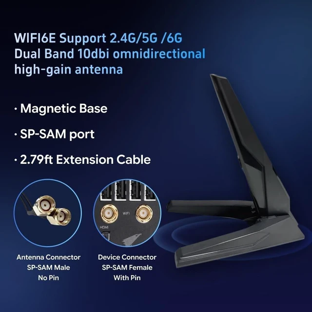 Alt view image 7 of 10 - WiFi 6e 7 Antenna 2T2R Dual Band Moving Antenna Magnetic Base RP-SMA Connector for PC Desktop Computer Motherboard Bluetooth Card Wireless WiFi Router Wi-Fi7 with 2.79ft Extension Cable