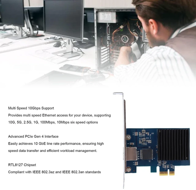 Alt view image 8 of 10 - ciciglow 10G PCIe Network Card, RTL8127 Chipset 10Gbps Ethernet Adapter with Six Speed Options 10G 5G 2.5G 1G 100Mbps 10Mbps, for Linux PCI Express Gen 4 X1