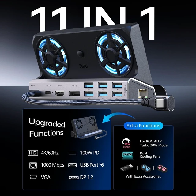 Alt view image 7 of 10 - Legion Go/ROG Ally/Steam Deck Dock - 14-in-1 Docking Station Dual Cool Fans Steam, 4K@60Hz, 6 USB Ports, VGA, DP, 100W PD Charging, Gigabit Ethernet Fit for Steam Deck