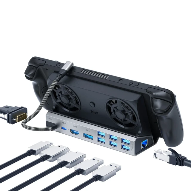 Alt view image 6 of 10 - Legion Go/ROG Ally/Steam Deck Dock - 14-in-1 Docking Station Dual Cool Fans Steam, 4K@60Hz, 6 USB Ports, VGA, DP, 100W PD Charging, Gigabit Ethernet Fit for Steam Deck