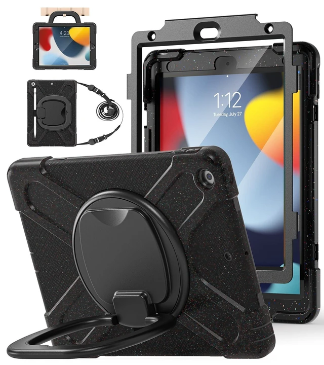 Alt view image 6 of 10 - BATYUE for iPad 9th/ 8th/ 7th Generation Case (iPad 10.2 inch Rugged Case 2021/2020/2019) with Screen Protector, Rotating Stand/Pencil Holder/Carrying Shoulder Strap (Carnival Night-Black)