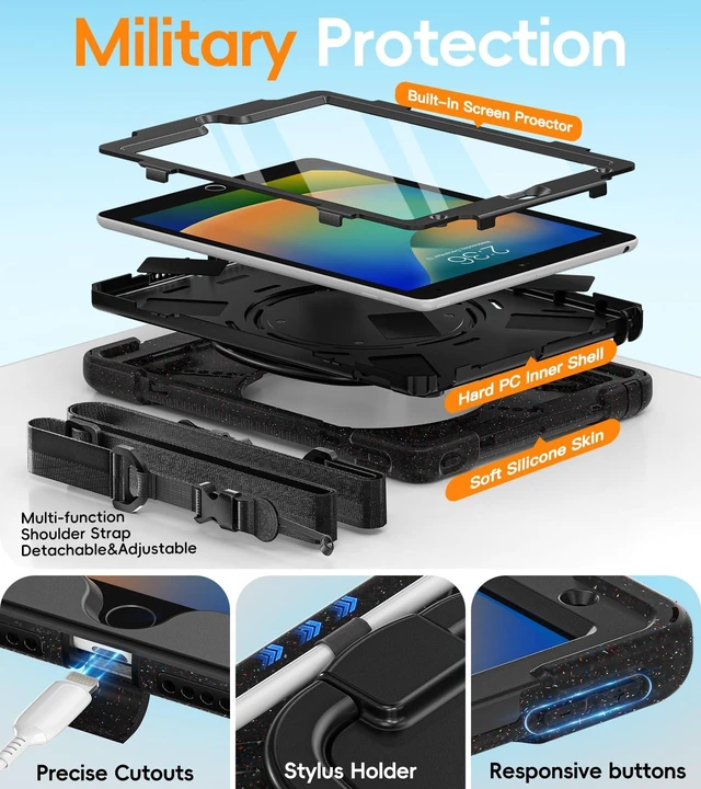 Alt view image 9 of 10 - BATYUE for iPad 9th/ 8th/ 7th Generation Case (iPad 10.2 inch Rugged Case 2021/2020/2019) with Screen Protector, Rotating Stand/Pencil Holder/Carrying Shoulder Strap (Carnival Night-Black)