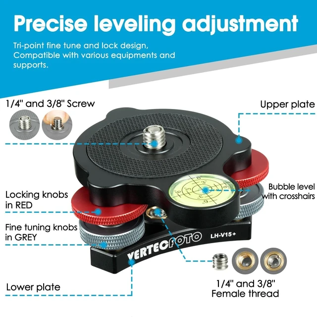 Alt view image 7 of 10 - VERTECFOTO Upgraded+ Tripod Leveling Base :Support 1/4" and 3/8" Both on top and Bottom Bigger Bubble Level w/Crosshair, Fine Leveling Faster; Enlarged Lock knobs, Lock Easier,; Max Load 33 Ib