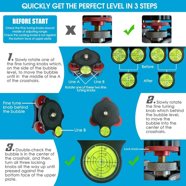 Alt view image 8 of 10 - VERTECFOTO Upgraded+ Tripod Leveling Base :Support 1/4" and 3/8" Both on top and Bottom Bigger Bubble Level w/Crosshair, Fine Leveling Faster; Enlarged Lock knobs, Lock Easier,; Max Load 33 Ib