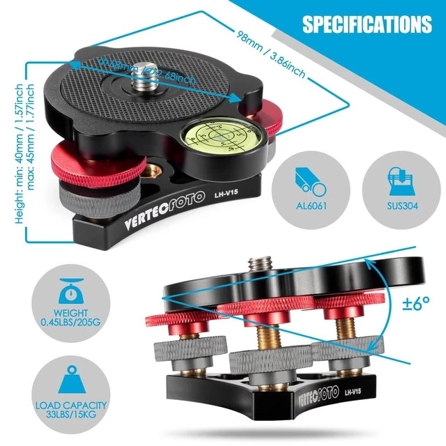 Alt view image 10 of 10 - VERTECFOTO Upgraded+ Tripod Leveling Base :Support 1/4" and 3/8" Both on top and Bottom Bigger Bubble Level w/Crosshair, Fine Leveling Faster; Enlarged Lock knobs, Lock Easier,; Max Load 33 Ib