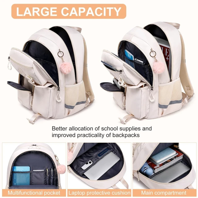Alt view image 7 of 10 - Kuosdaz School Backpack for Teen Girls, Cute College Backpacks for Women Kids Students Bookbag 15.6 Inch Laptop Bag Middle School Back Pack, Beige