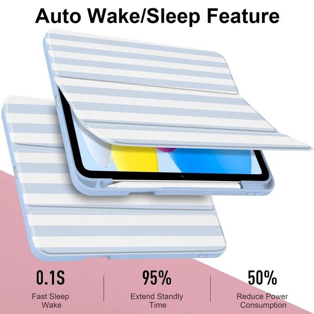 Alt view image 9 of 10 - Loyrina Case for iPad Air 13 inch M3 2025 M2 2024 Release with Pencil Holder - Cute Preppy Coastal Design Aesthetic Blue White Striped Trifold Cover with Soft TPU Bumper, Clear Back, Auto Sleep/Wake