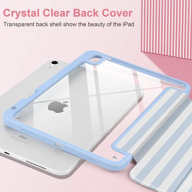 Alt view image 10 of 10 - Loyrina Case for iPad Air 13 inch M3 2025 M2 2024 Release with Pencil Holder - Cute Preppy Coastal Design Aesthetic Blue White Striped Trifold Cover with Soft TPU Bumper, Clear Back, Auto Sleep/Wake