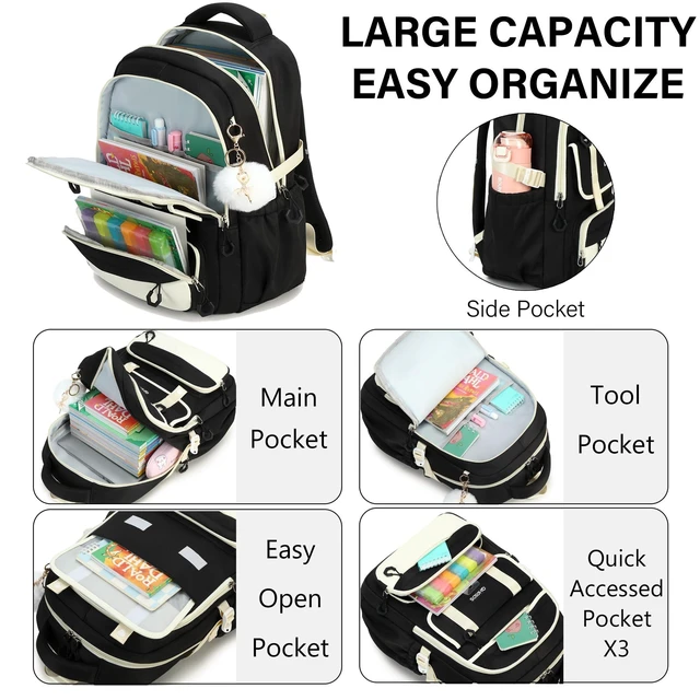 Alt view image 8 of 10 - QHRIDS School Backpack for Girls, Laptop Backpack 15.6 Inch Kids Elementary Middle High School Bag Anti Theft Cute College Bookbags for Teens Girls Women Students Casual Travel Daypack,Black Beige