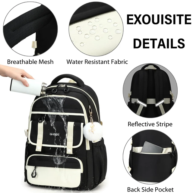 Alt view image 9 of 10 - QHRIDS School Backpack for Girls, Laptop Backpack 15.6 Inch Kids Elementary Middle High School Bag Anti Theft Cute College Bookbags for Teens Girls Women Students Casual Travel Daypack,Black Beige