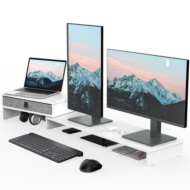 Alt view image 6 of 10 - Fenge Computer Monitor Riser Stand with Drawer for 2 or 3 Monitors ,Adjustable Length and Angle Desktop Laptop Stand,Office Organizer,Printer,White
