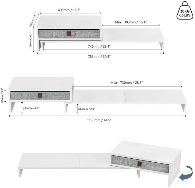 Alt view image 9 of 10 - Fenge Computer Monitor Riser Stand with Drawer for 2 or 3 Monitors ,Adjustable Length and Angle Desktop Laptop Stand,Office Organizer,Printer,White