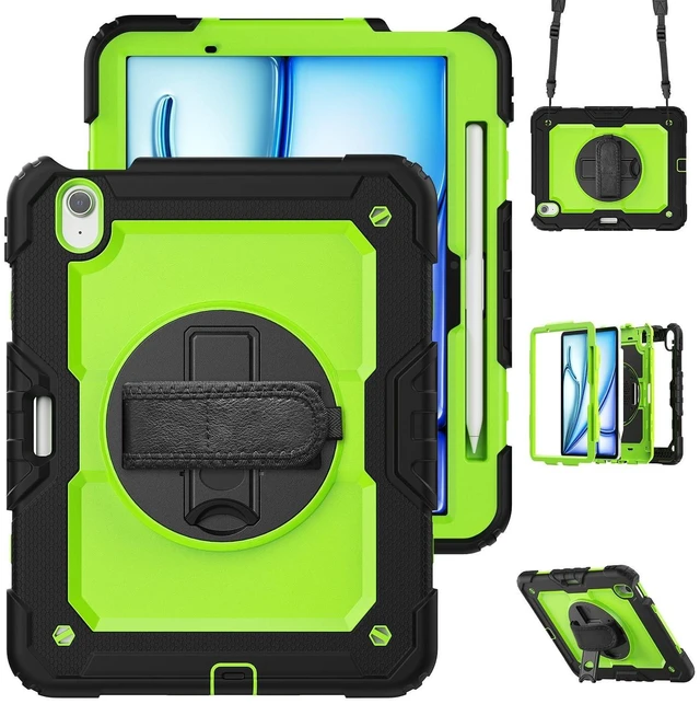 Alt view image 6 of 10 - Loyrina for iPad Air 11 inch Case 2025 M3 2024 (M2), Protective 360 Rotating Stand Hand/Shoulder Strap, Pencil Holder & Shockproof Silicone and Hard PC Case for iPad Air 11", Yellow Green