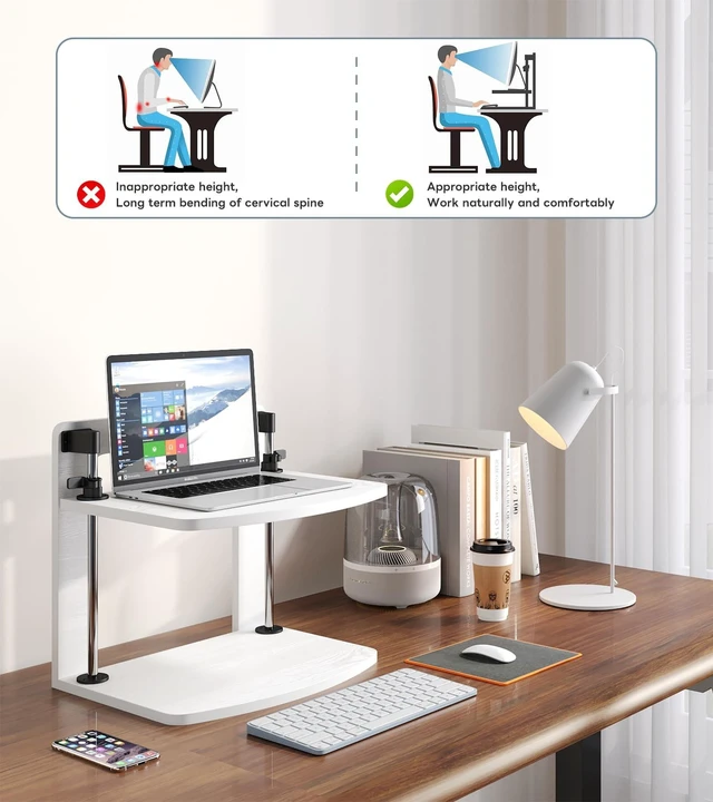 Alt view image 8 of 10 - WikrOck 15.6 14 13.3 Inch Laptop Computer Monitor Stand Riser for Reduced Neck Strain, Adjustable Height Desk Shelf Organizer Monitor Riser Stand for PC Monitor Laptop - Withe - Wood Grain, MR01-L