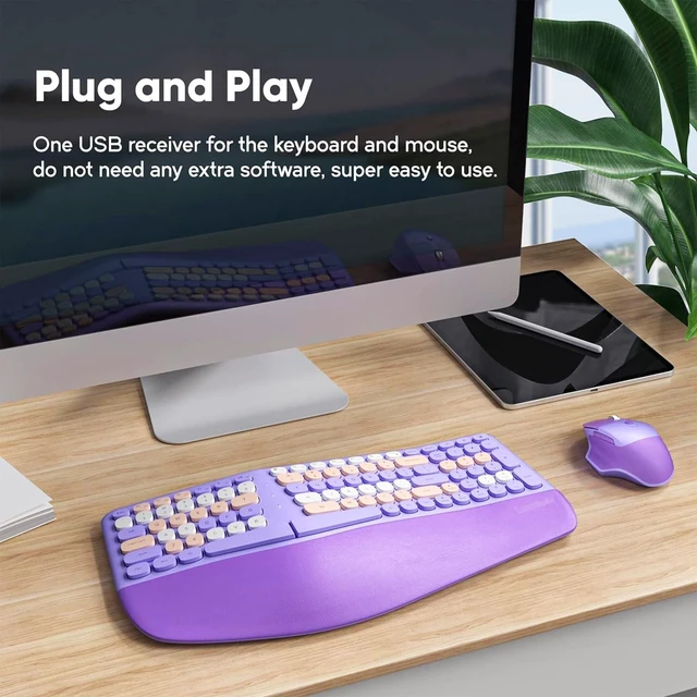 Alt view image 10 of 10 - Wireless Ergonomic Keyboard and Mouse Combo with PU Wrist Rest, Carpal Tunnel Keyboard, 2.4G Colorful Split Ergo Keyboard, Comfortable Natural Typing, Compatible with PC/Laptop (Purple)