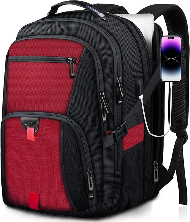 Alt view image 6 of 10 - ANTERK Extra Large Laptop Backpack, 18.4 Inch Laptop Backpacks for Men Women with USB Port, 55L Anti Theft Water Resistant College Bussiness TSA Airline Approved Work Computer Backpack, Red