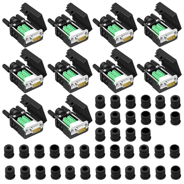 Alt view image 6 of 10 - ANMBEST 10PCS DB9 Male Breakout Connector,DB9 Solderless RS232 D-SUB Serial to 9-pin Port Terminal Adapter Connector Breakout Board with Case Long Bolts Tail Pipe