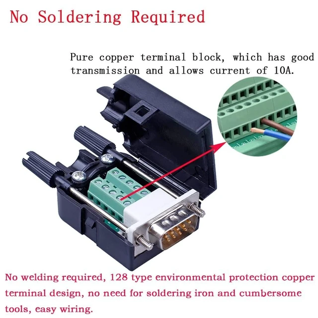 Alt view image 7 of 10 - ANMBEST 10PCS DB9 Male Breakout Connector,DB9 Solderless RS232 D-SUB Serial to 9-pin Port Terminal Adapter Connector Breakout Board with Case Long Bolts Tail Pipe