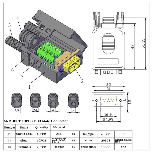 Alt view image 8 of 10 - ANMBEST 10PCS DB9 Male Breakout Connector,DB9 Solderless RS232 D-SUB Serial to 9-pin Port Terminal Adapter Connector Breakout Board with Case Long Bolts Tail Pipe