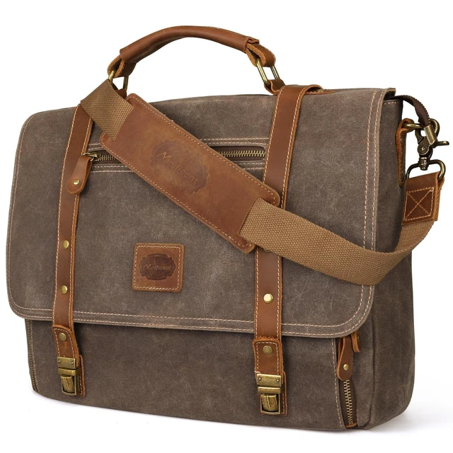 Alt view image 6 of 10 - Manificent Laptop Messenger bag for Mens 15.6 Inch, Waterproof Vintage Genuine Leather Mens Briefcase shoulder bag 16 Storage Pockets, Waxed Canvas Leather Computer Business Satchel Work Bag (Brown)
