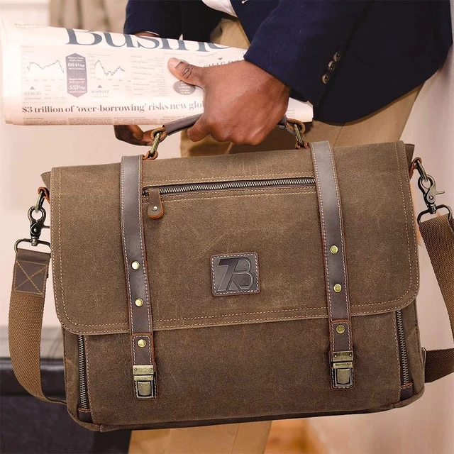 Alt view image 8 of 10 - Manificent Laptop Messenger bag for Mens 15.6 Inch, Waterproof Vintage Genuine Leather Mens Briefcase shoulder bag 16 Storage Pockets, Waxed Canvas Leather Computer Business Satchel Work Bag (Brown)