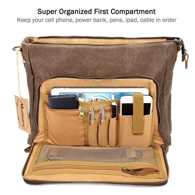 Alt view image 10 of 10 - Manificent Laptop Messenger bag for Mens 15.6 Inch, Waterproof Vintage Genuine Leather Mens Briefcase shoulder bag 16 Storage Pockets, Waxed Canvas Leather Computer Business Satchel Work Bag (Brown)