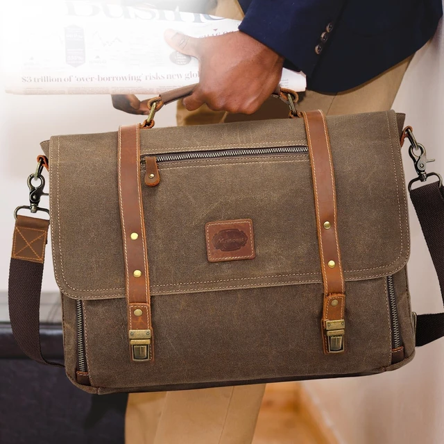 Alt view image 7 of 10 - Manificent Laptop Messenger bag for Mens 15.6 Inch, Waterproof Vintage Genuine Leather Mens Briefcase shoulder bag 16 Storage Pockets, Waxed Canvas Leather Computer Business Satchel Work Bag (Brown)