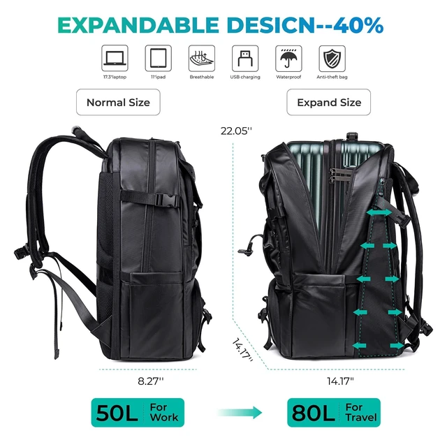Alt view image 8 of 10 - CedurithFlux Sports Backpack 50L to 80L Expandable Mutifunction Flight Approved Backpacks 17.3 inch Laptop bags Water Resistant Business Sports BackPack for Women & Men