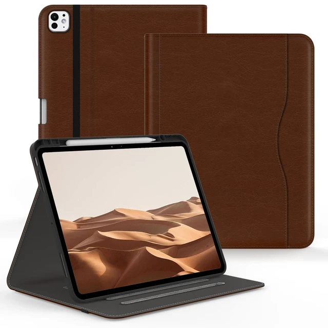 Alt view image 6 of 10 - Jarviwiin Case for iPad Pro 13 inch (M5/M4) 2025/2024, Multi-Angle PU Leather Cover for i Pad Pro 13" with Pencil Holder/Hand Strap/Pocket, Auto Wake/Sleep, Brown