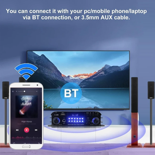 Alt view image 10 of 10 - Romicta 4 Channel Bluetooth 5.0 Stereo Amplifier, 50Wx4 HiFi Power Amp, 1200W Max, USB/SD/FM, Class D Home Audio Receiver for Home Theater & Karaoke, Includes Remote & Power Adapter