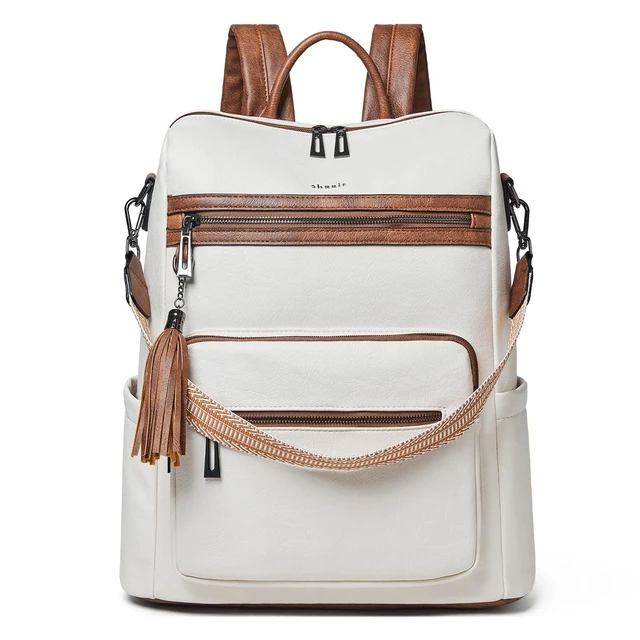 Alt view image 6 of 10 - Shrrie 15.6 inch Laptop Backpack for Women,Large Leather Backpack Purse,Travel,Carry on,Water Resistant Casual Laptop Backpacks,College Backpack,Work Backpack for Women,Beige with Brown
