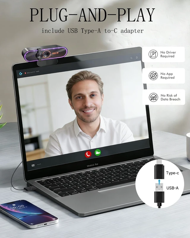 Alt view image 7 of 10 - Rujcloud 4k Webcam for DELL/HP/ASUS/Alienware/Samsung/Acer/MSI/Lenovo PC,with Microphone and Remote,Privacy Cover,Plug&Play,PDAF,for Zoom/Skype/Teams Meet,Conferencing and Video