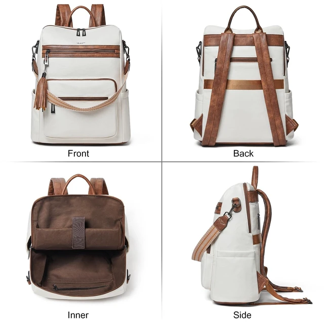 Alt view image 8 of 10 - Shrrie 15.6 inch Laptop Backpack for Women,Large Leather Backpack Purse,Travel,Carry on,Water Resistant Casual Laptop Backpacks,College Backpack,Work Backpack for Women,Beige with Brown