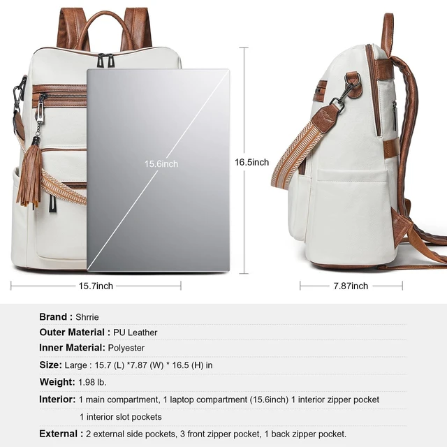 Alt view image 10 of 10 - Shrrie 15.6 inch Laptop Backpack for Women,Large Leather Backpack Purse,Travel,Carry on,Water Resistant Casual Laptop Backpacks,College Backpack,Work Backpack for Women,Beige with Brown