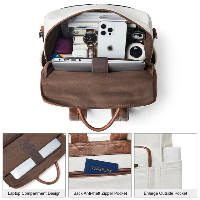 Alt view image 9 of 10 - Shrrie 15.6 inch Laptop Backpack for Women,Large Leather Backpack Purse,Travel,Carry on,Water Resistant Casual Laptop Backpacks,College Backpack,Work Backpack for Women,Beige with Brown
