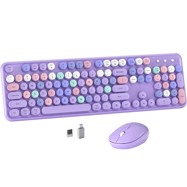 Alt view image 6 of 10 - MPTOG Colorful Wireless Computer Keyboard and Mouse Combo with Round Typewriter Keycaps, Retro Design, Power Switch, Ergonomic Design, 2.4GHz Wireless for Windows, Mac, PC(Purple-Colorful)
