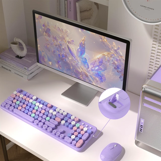 Alt view image 7 of 10 - MPTOG Colorful Wireless Computer Keyboard and Mouse Combo with Round Typewriter Keycaps, Retro Design, Power Switch, Ergonomic Design, 2.4GHz Wireless for Windows, Mac, PC(Purple-Colorful)
