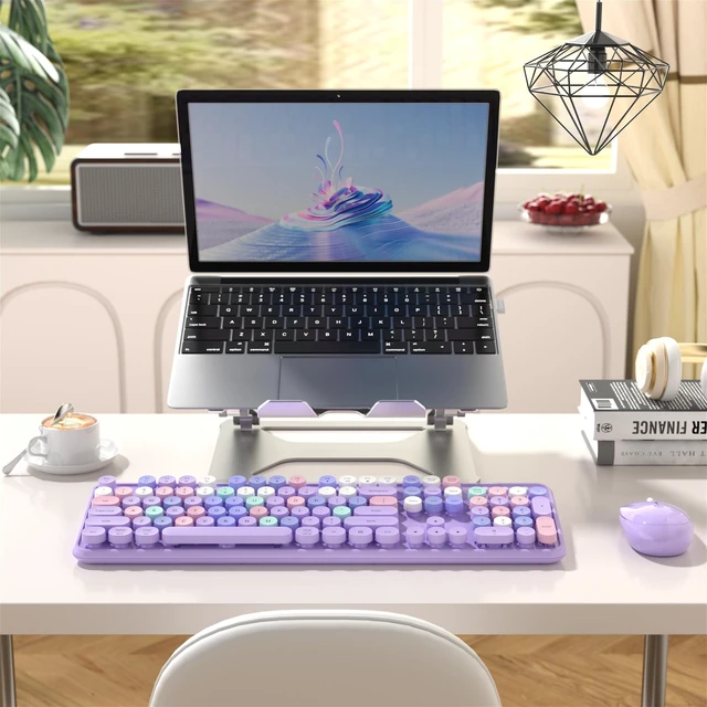 Alt view image 8 of 10 - MPTOG Colorful Wireless Computer Keyboard and Mouse Combo with Round Typewriter Keycaps, Retro Design, Power Switch, Ergonomic Design, 2.4GHz Wireless for Windows, Mac, PC(Purple-Colorful)