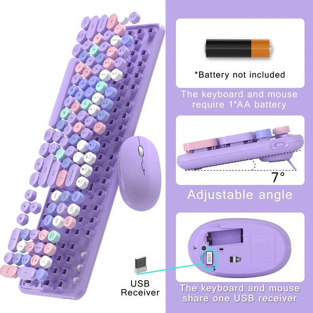 Alt view image 10 of 10 - MPTOG Colorful Wireless Computer Keyboard and Mouse Combo with Round Typewriter Keycaps, Retro Design, Power Switch, Ergonomic Design, 2.4GHz Wireless for Windows, Mac, PC(Purple-Colorful)