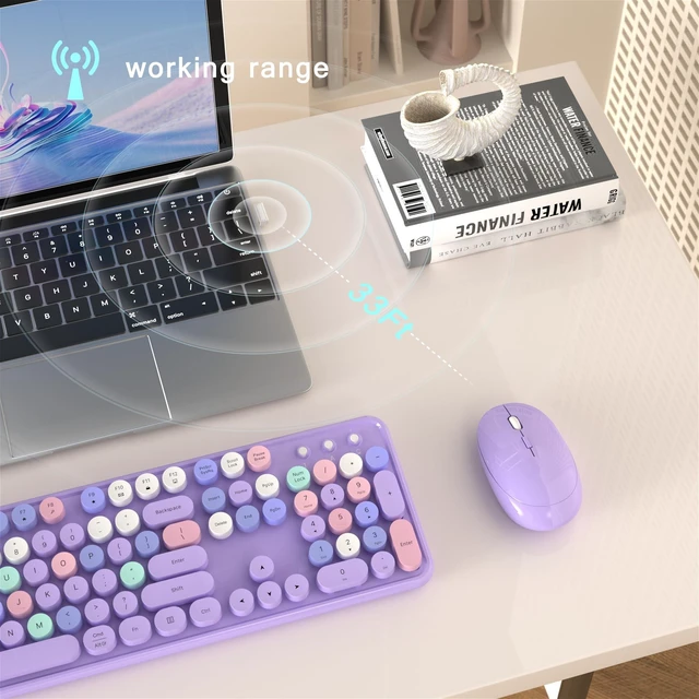Alt view image 9 of 10 - MPTOG Colorful Wireless Computer Keyboard and Mouse Combo with Round Typewriter Keycaps, Retro Design, Power Switch, Ergonomic Design, 2.4GHz Wireless for Windows, Mac, PC(Purple-Colorful)