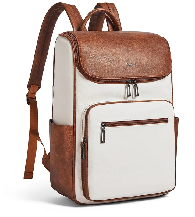 Alt view image 6 of 10 - tiamyi Leather Backpack for Women, Fits 17 Inch Laptop in Main Compartment, Dedicated 15.6 Inch Padded Sleeve, Large Vegan Leather Travel Computer Bag with Luggage Strap for Business and Work, Beige