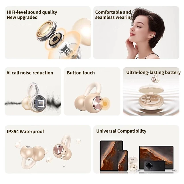 Alt view image 9 of 10 - HDKKE Upgraded Open Ear Earbuds Clip-On Earbuds Comfortable fit & Crystal-Clear Sound, 80H Playtime Bluetooth 5.4 Wireless Headphones for Women Ideal for SmallEars,Sports,Workouts,Champagne Gold