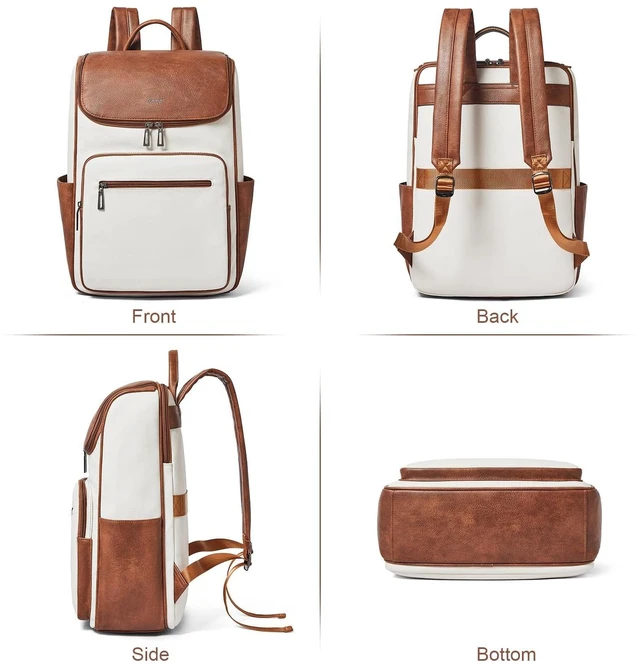 Alt view image 10 of 10 - tiamyi Leather Backpack for Women, Fits 17 Inch Laptop in Main Compartment, Dedicated 15.6 Inch Padded Sleeve, Large Vegan Leather Travel Computer Bag with Luggage Strap for Business and Work, Beige