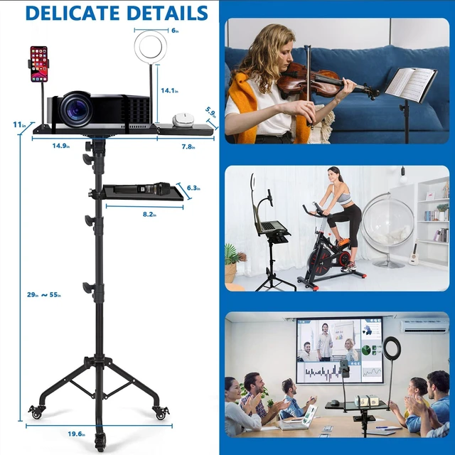 Alt view image 7 of 10 - Asltoy Projector Tripod Stand with Wheels Laptop Tripod Stand Projector Tripod Laptop Stand Floor Stand Live Stream stand Treadmill Stand Music Stand with 6" LED Ring Light for Online Meeting Recordin