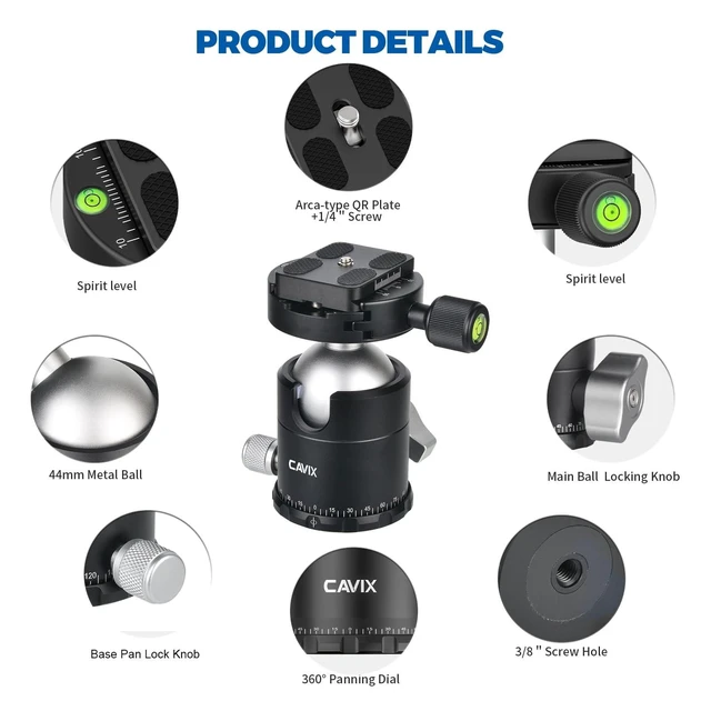 Alt view image 8 of 10 - CAVIX 44mm Tripod Ball Head, 360Panoramic Ball Head Tripod Head, 18kg(39.68lbs) Load Capacity, with 1/4" Arca-Swiss Quick Release Plate for Tripod Monopod Slider DSLR Camera Camcorder