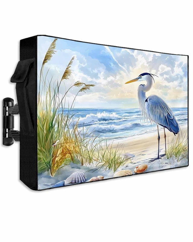 Alt view image 6 of 10 - DOME-SPACE Blue Ocean Beach Seabird Outdoor TV Cover for Outside Flat Screen Televisions, Coastal Long-beaked Heron Weatherproof TV Screen Protector with Zipper for 70 to 75 Inch Screens