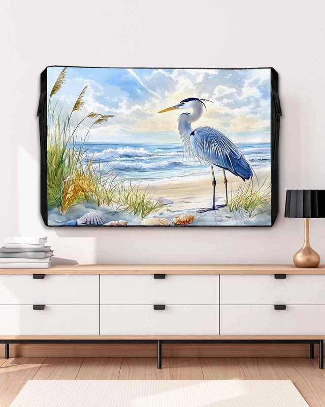 Alt view image 10 of 10 - DOME-SPACE Blue Ocean Beach Seabird Outdoor TV Cover for Outside Flat Screen Televisions, Coastal Long-beaked Heron Weatherproof TV Screen Protector with Zipper for 70 to 75 Inch Screens